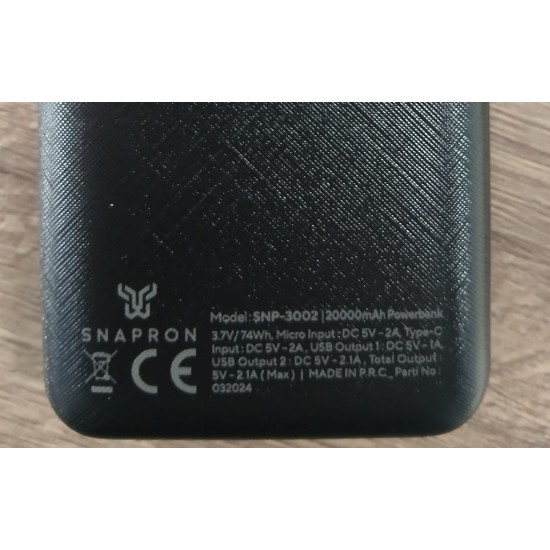 SNAPRON SNP 3002 SİYAH POWERBANK 20.000 mAh. Usb kablo dahil