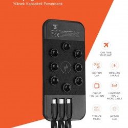 SNAPRON SNP 3003 SİYAH KABLOSUZ VANTUZLU 3 LÜ KABLO ÇIKIŞLI POWERBANK 10.000 mAh. 
